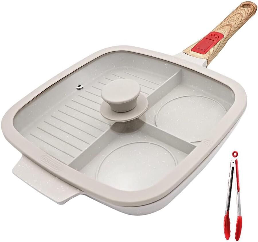 Grillpan met deksel en afneembare handgreep steakpan inductie 3-in-1 wit