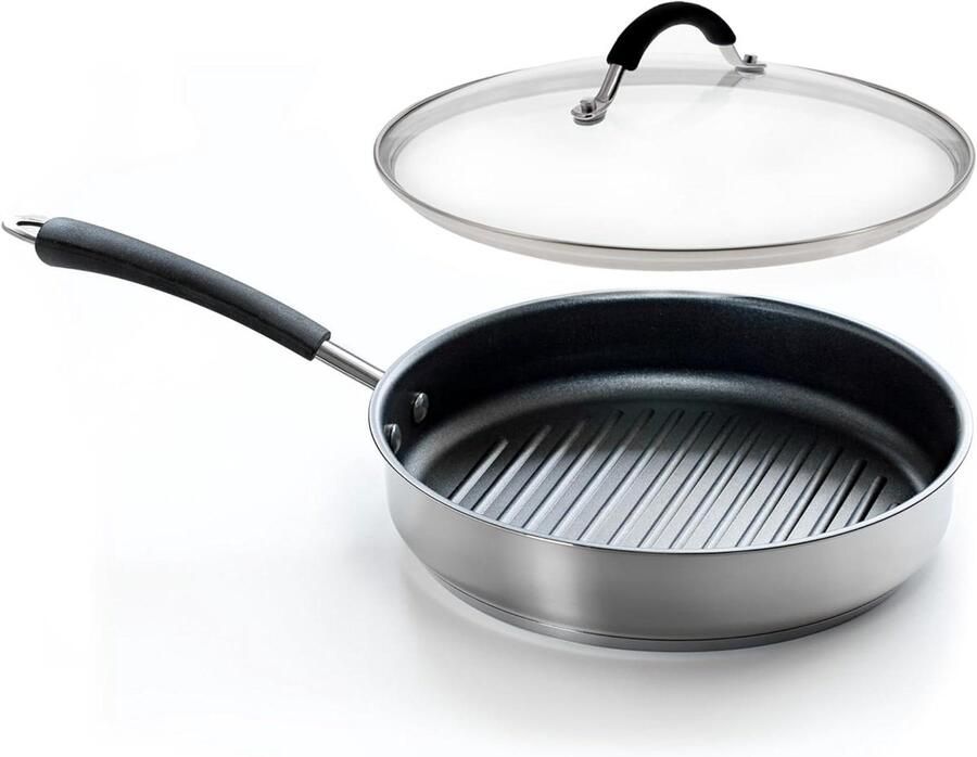 Grillpan met Deksel Grillplaat Rond Koken op Inductie Ovenbestendig 26cm Diameter Grijs