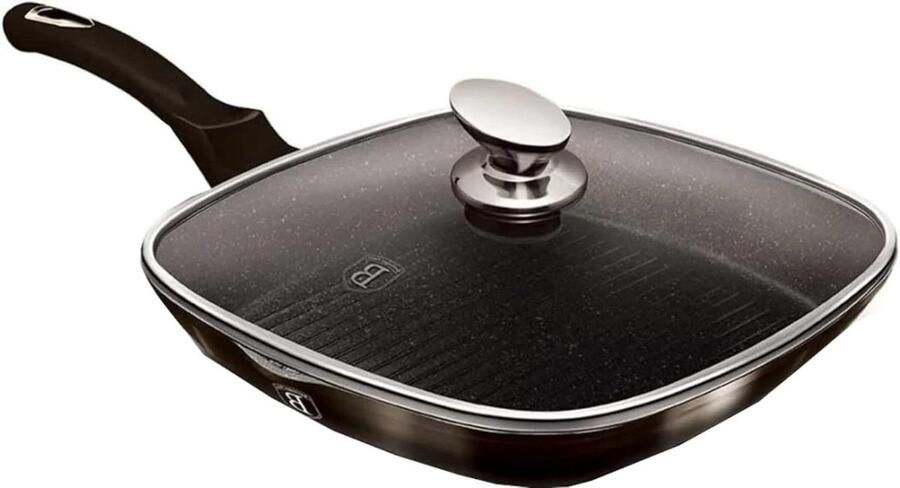 Grillpan met deksel Koekenpan Aluminium Lekker Koken Marmeren coating 28 cm Zwart