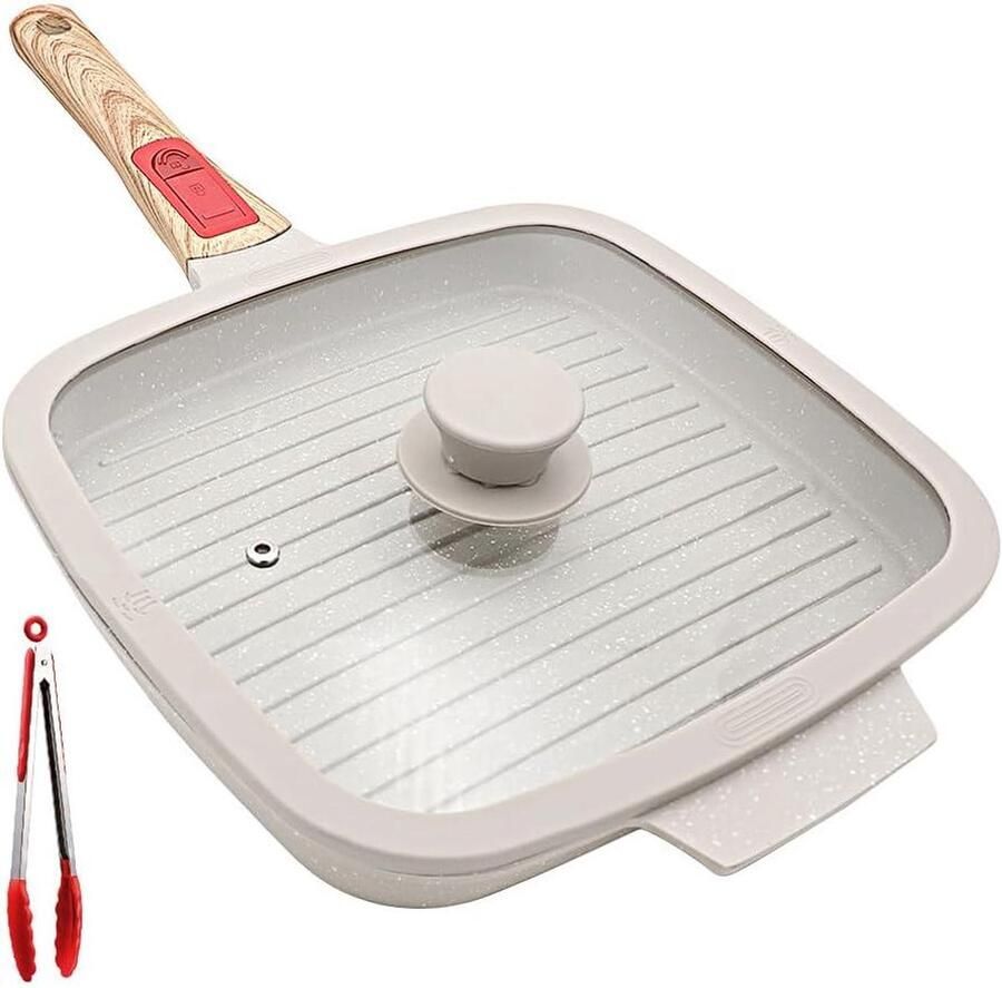 Grillpan met Deksel Koekenpan Bakplaat Gezond Koken Antiaanbaklaag Medische Steen 26 cm Wit