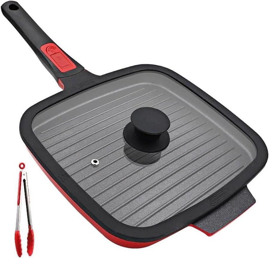 Grillpan met deksel Koekenpan Lekker koken Vaatwasserbestendig 26 x 17 cm Zwart rood