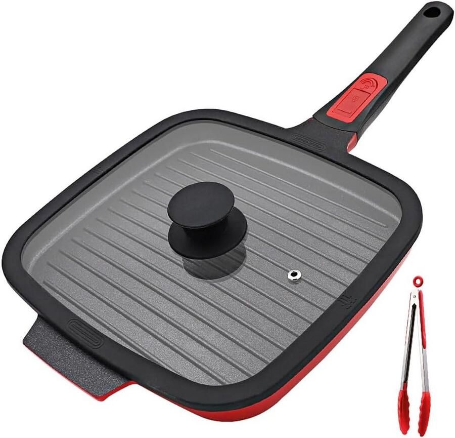 Grillpan met deksel Koekenpan Rood Lekker Grillen Vaatwasserbestendig 26 x 17 cm Zwart