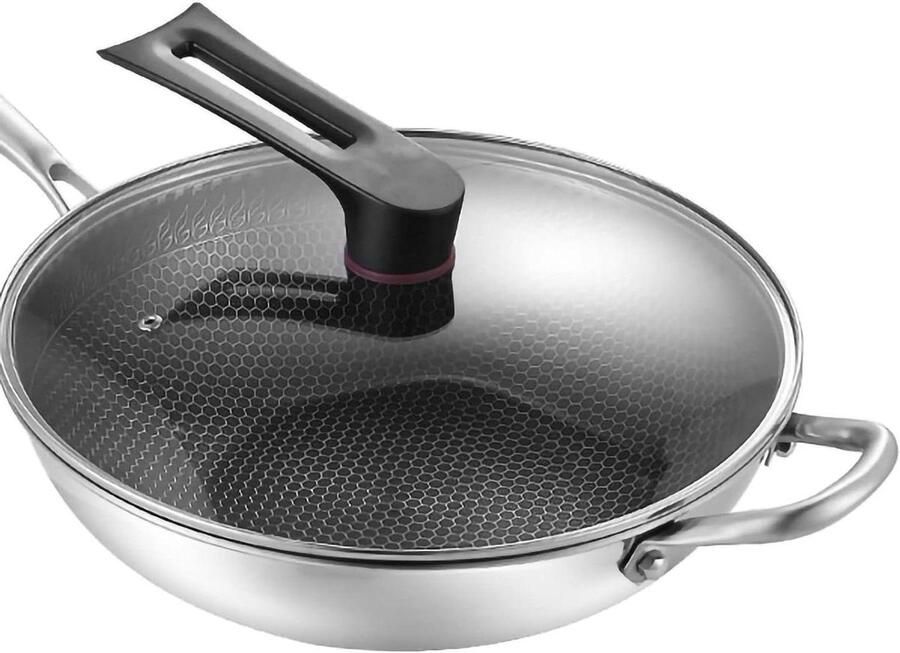 Grillpan met Deksel Roestvrijstalen Wok Veelzijdig Koken Gelijkmatige Warmte 32 cm Zilver
