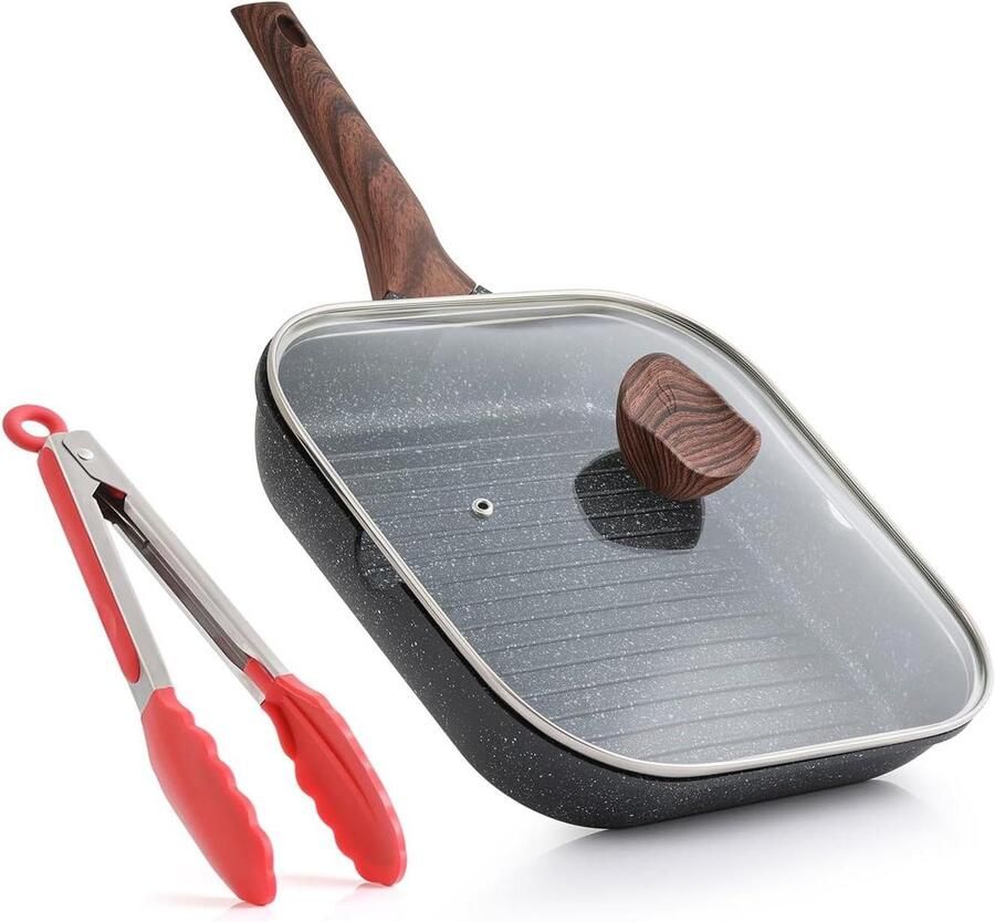 Grillpan met Deksel Vierkante Bakplaat Binnen Koken Gegoten Aluminium 28 cm Zwart