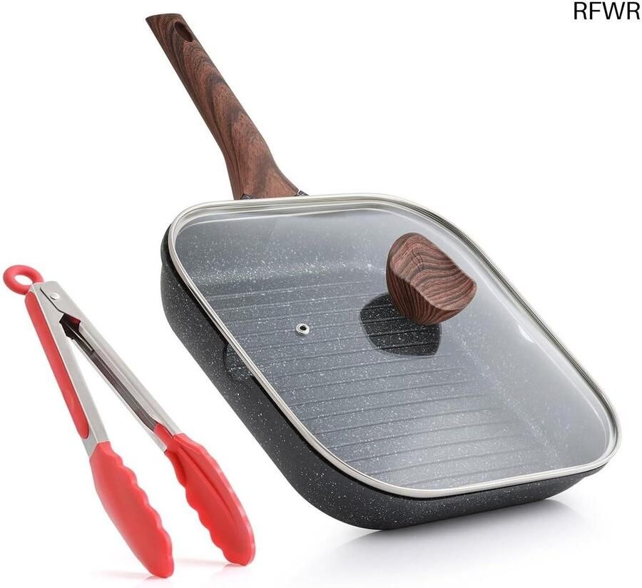 Grillpan met deksel Vierkante bakplaat Binnen koken Gelijkmatige warmteverdeling 28 cm Zwart