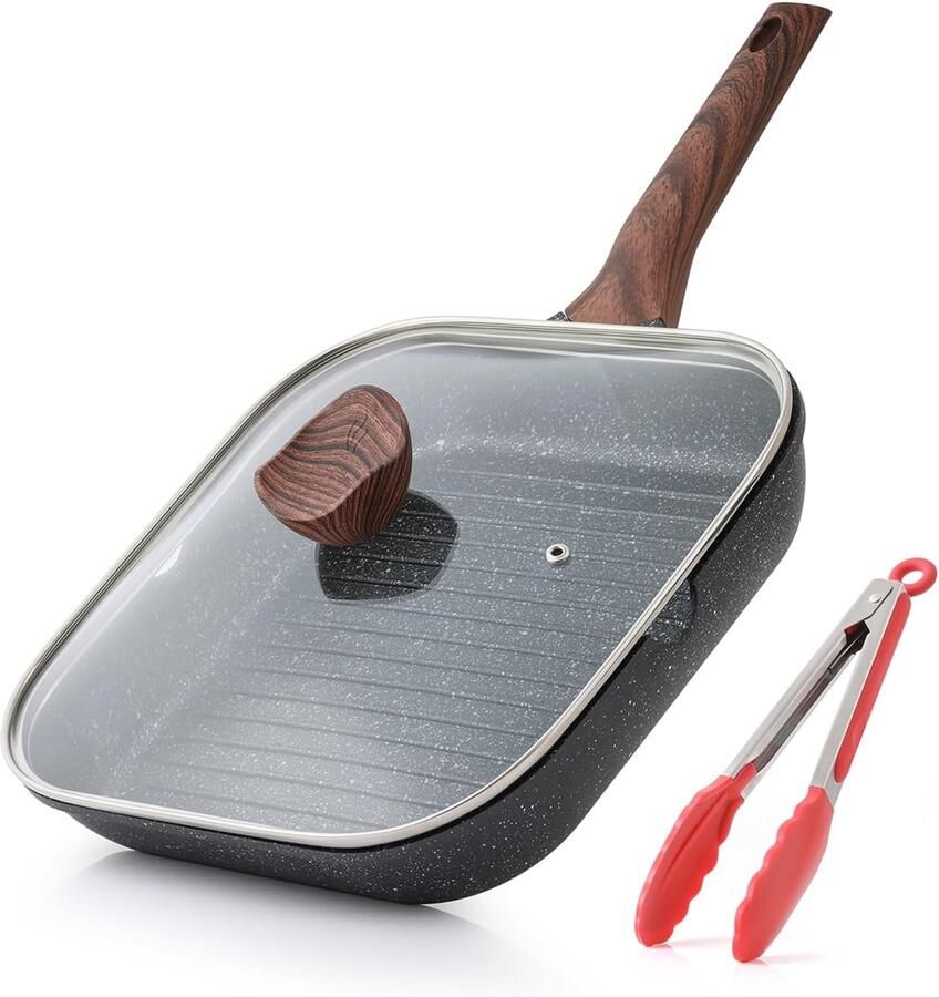 Grillpan met Deksel voor Kookplaten 28 cm Vierkante Grillpan voor Binnengebruik Koekenpan met Gezonde Coating en Schenktuiten Geschikt voor Inductie PFOA-vrij Zwart