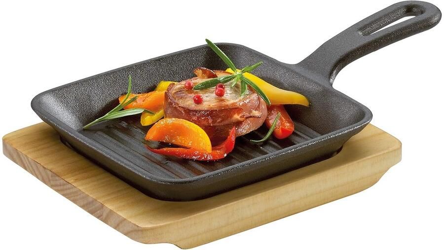 Grillpan met Hout Serveerschaal Koken en Serveren Gietijzer en Hittebestendig 23 x 13.5 cm Zwart