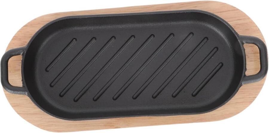 Grillpan met Houten Plank Steakpan BBQ Gegrild Eten Serveren Non-stick Coating 22x11cm Zwart