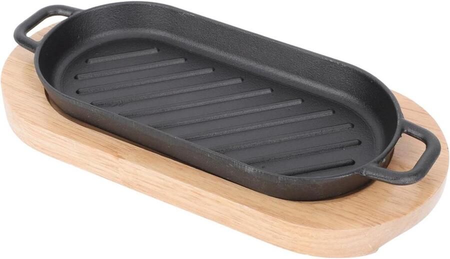 Grillpan met Houten Plank Steakpan Gietijzer Buiten Koken Voorgekruide Gietijzer 22x11cm Zwart