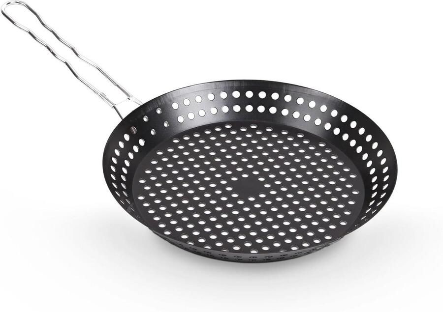 Grillpan met mand Groentepan Grillmand Outdoor koken Geperforeerde bodem 30 cm diameter Zwart
