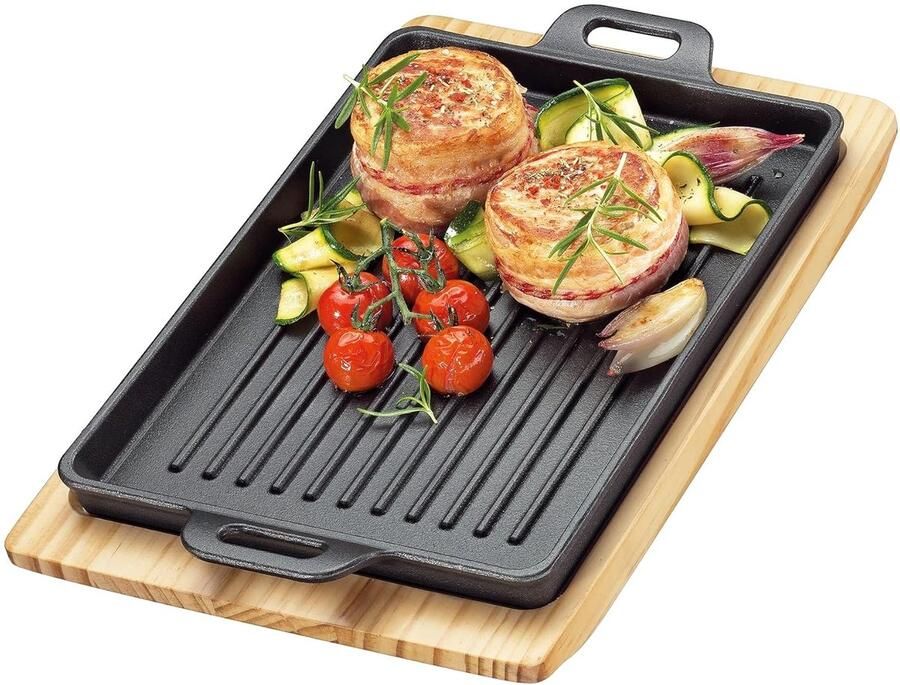 Grillpan met Plank Gietijzeren Serveerschaal Vlees Grillen Houdt Warmte Lang Vast 32 x 22 cm Zwart