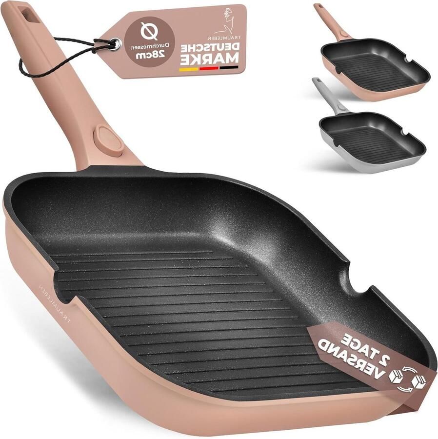 Grillpan met schenktuit Steakpan ribbel Gezond grillen thuis Afneembare handgreep 28 cm Zwart