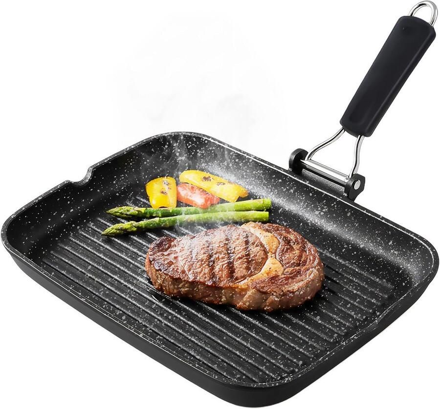 Grillpan Strepen Koekenpan Aluminium Gezond Grillen Opvouwbare Handgreep 34 x 24 cm Zwart