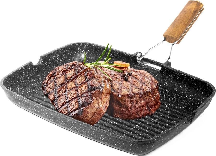 Grillpan pan met afneembaar en opvouwbaar 36 cm x 24 cm stenen pan vaatwasmachinebestendig gegoten aluminium grillpan anti-aanbaklaag