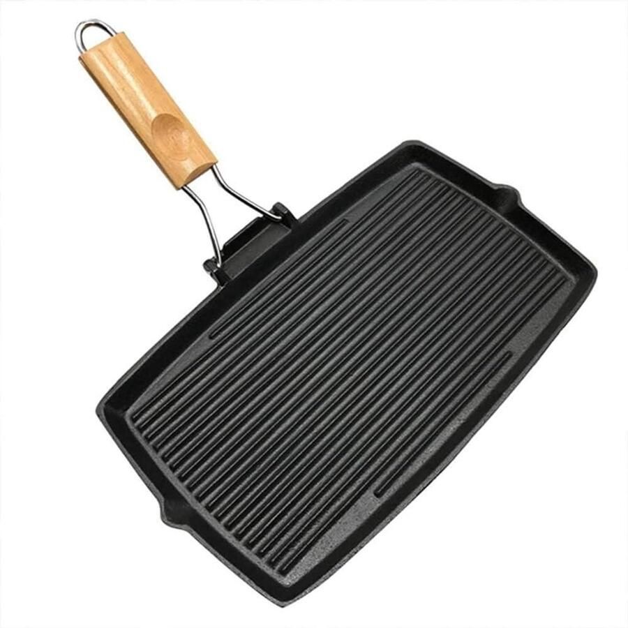 Grillpan Rechthoekig Gietijzeren Koekenpan Buiten Koken Met Uitvouwbaar Handvat 33.5x20.5 cm Zwart