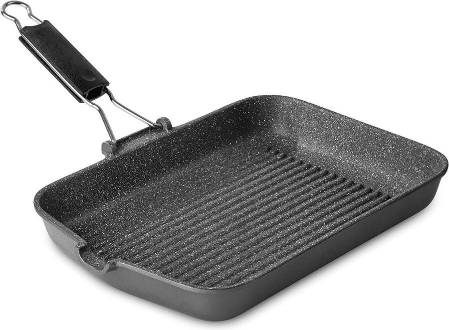 Grillpan Rechthoekig Grillplaat Aluminium Gezond Grillen Opvouwbaar Handvat 36 x 24 cm Grijs
