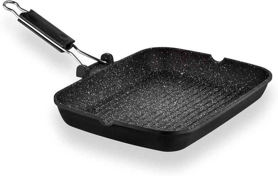 Grillpan Rechthoekig Koekenpan Lekker Koken Inklapbare Handgreep 35 x 25 cm Zwart