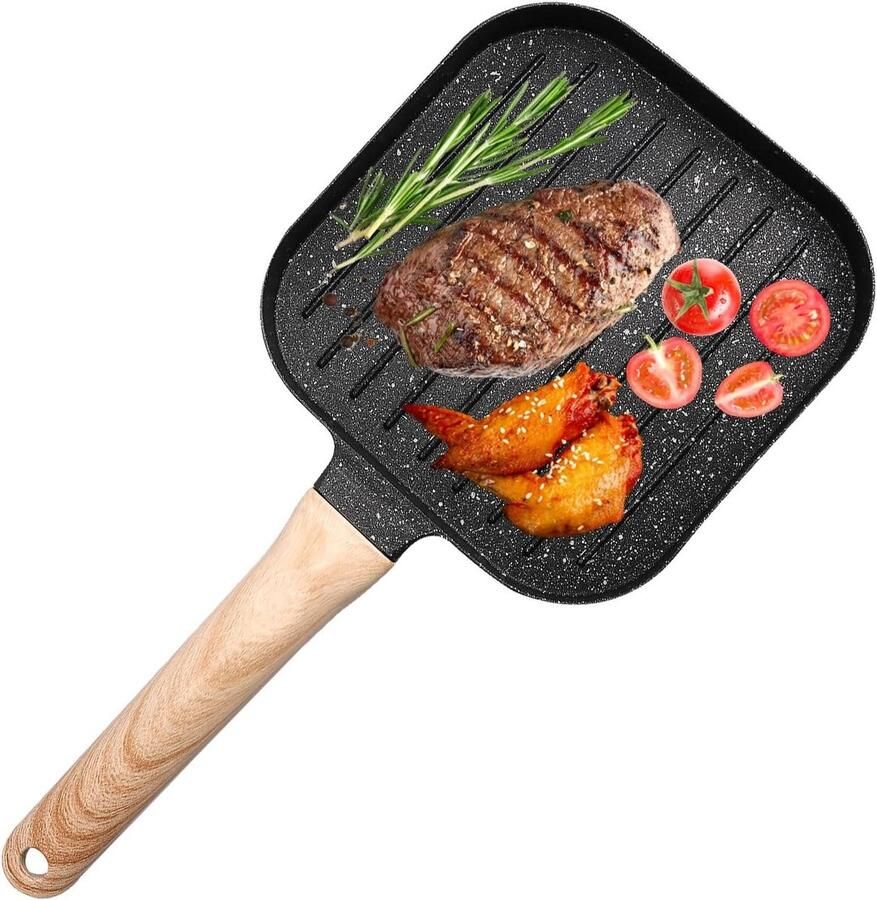 Grillpan Rechthoekig Koekenpan Steaks Lekker Grillen Antiaanbaklaag Houtgreep 36.5 x 18 cm Zwart