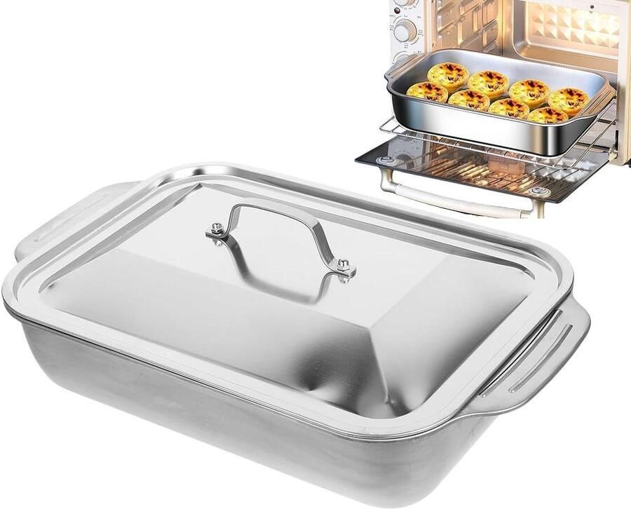 Grillpan Roestvrij Staal Bakplaat Braadslede Buiten Koken Vervormingsvrije Grillpan 41x24.5x7.5 cm Zilverkleurig