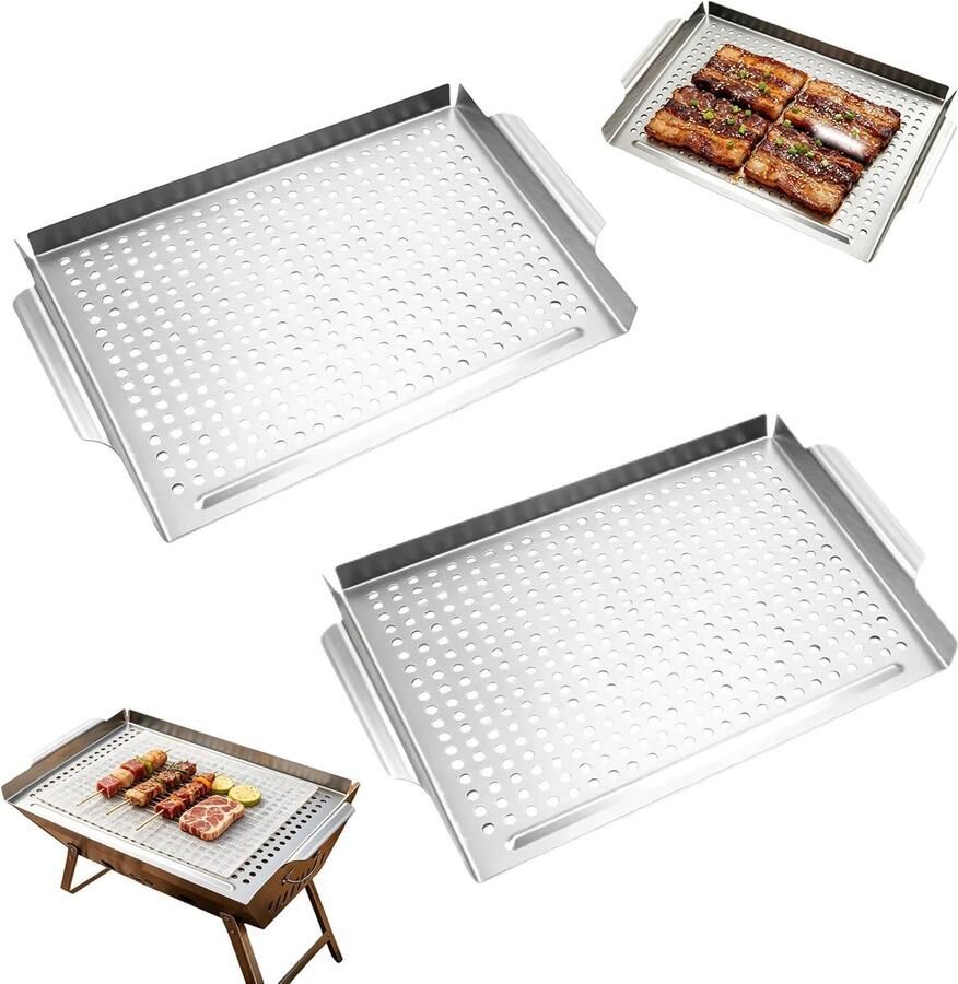 Grillpan Roestvrij Staal BBQ Pan Buiten Koken Geperforeerd Ontwerp 35 x 29 cm Zilver