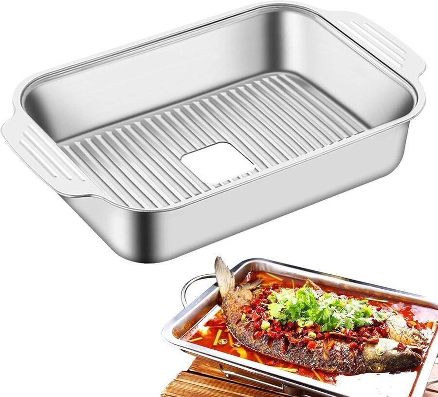 Grillpan Roestvrij Staal Vis Dienblad Buiten Koken Dubbele Handgrepen 20.5 x 12.5 cm Zilver