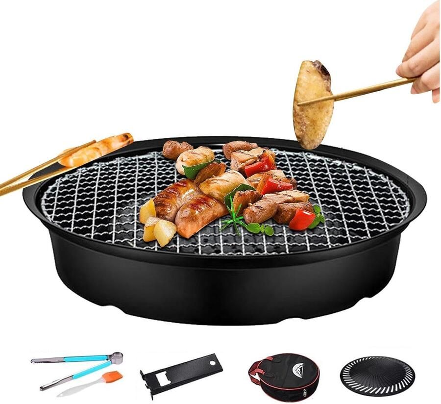 Grillpan Rond Antiaanbakpan Binnen Grillen Gelijkmatige Warmte Inclusief Tas Zwart