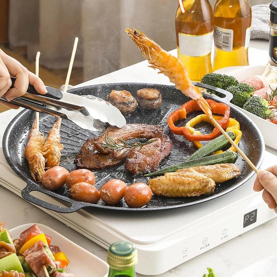 Grillpan Ronde koekenpan Ovenpan Buiten koken Antiaanbaklaag 30 cm diameter Zwart