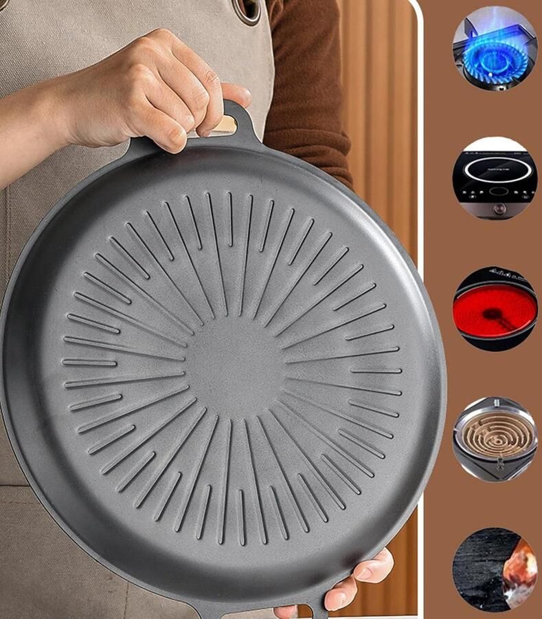 Grillpan Ronde koekenpan Ovenpan Buiten koken Antiaanbaklaag 30 cm diameter Zwart