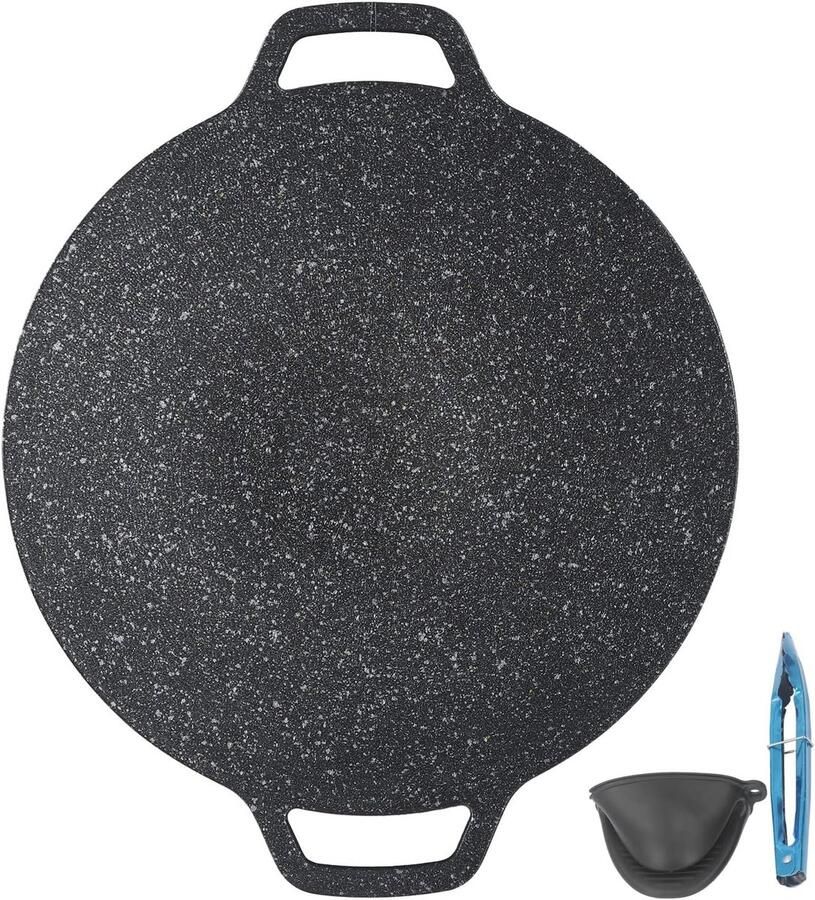 Grillpan Ronde Plaat BBQ Plaat Gietijzer Buiten Koken Anti-aanbak Steenlaag 30cm Diameter Zwart