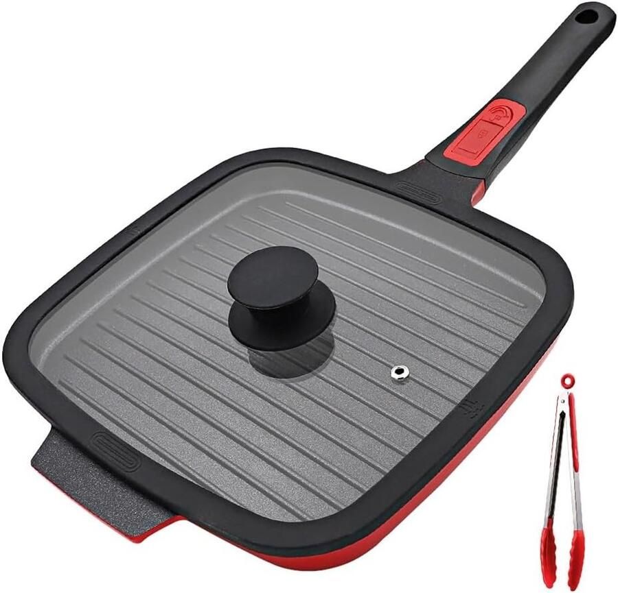 Grillpan Rood 26 x 24 cm Met Afneembare Handgreep en Antiaanbaklaag Voor Inductie en Alle Soorten Fornuizen