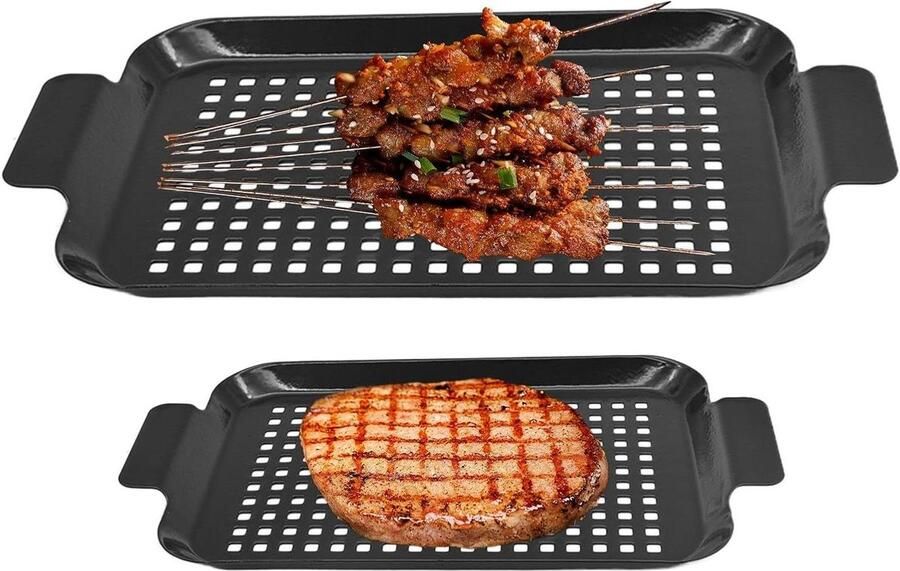 Grillpan Set BBQ Bakplaat Buiten Koken Geperforeerd Bodemontwerp 45 x 29 cm Zwart