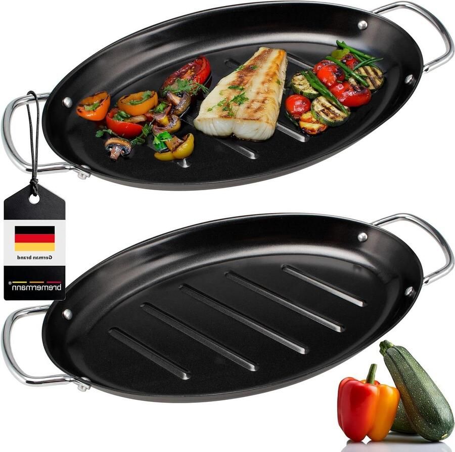 Grillpan Set Ovale Plaat Gezond Grillen Antiaanbaklaag 39.5 x 20.5 cm Zwart