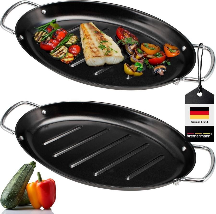 Grillpan Set Ovale Platen Gezond Grillen Antiaanbaklaag 2 stuks 39.5 cm Zwart
