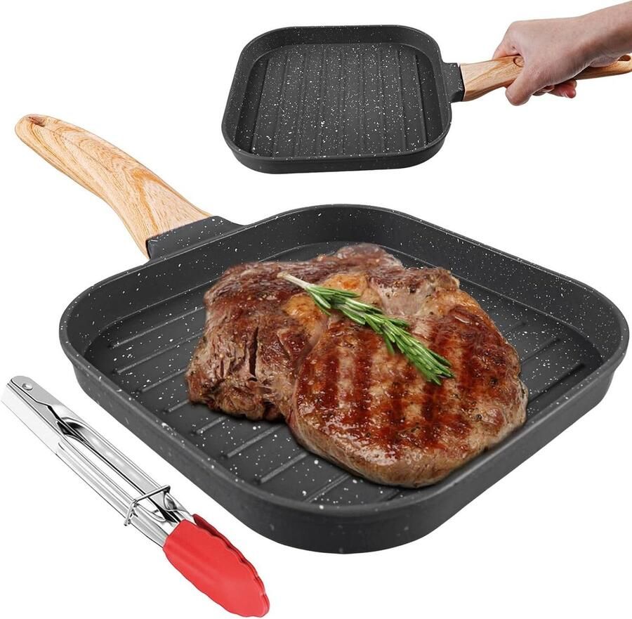Grillpan Steakpan Lekker Grillen Afneembare Handgreep 18 x 18 cm Zwart