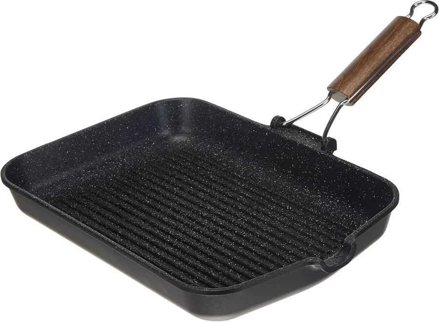 Grillpan Steenlook Anti-aanbakpan Binnen Grillen Inklapbare Handgreep 36x24 cm Zwart