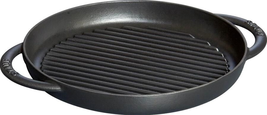 Grillpan van geëmailleerd gietijzer 26 cm rond met 2 handgrepen voor alle warmtebronnen incl. inductie en oven zwart