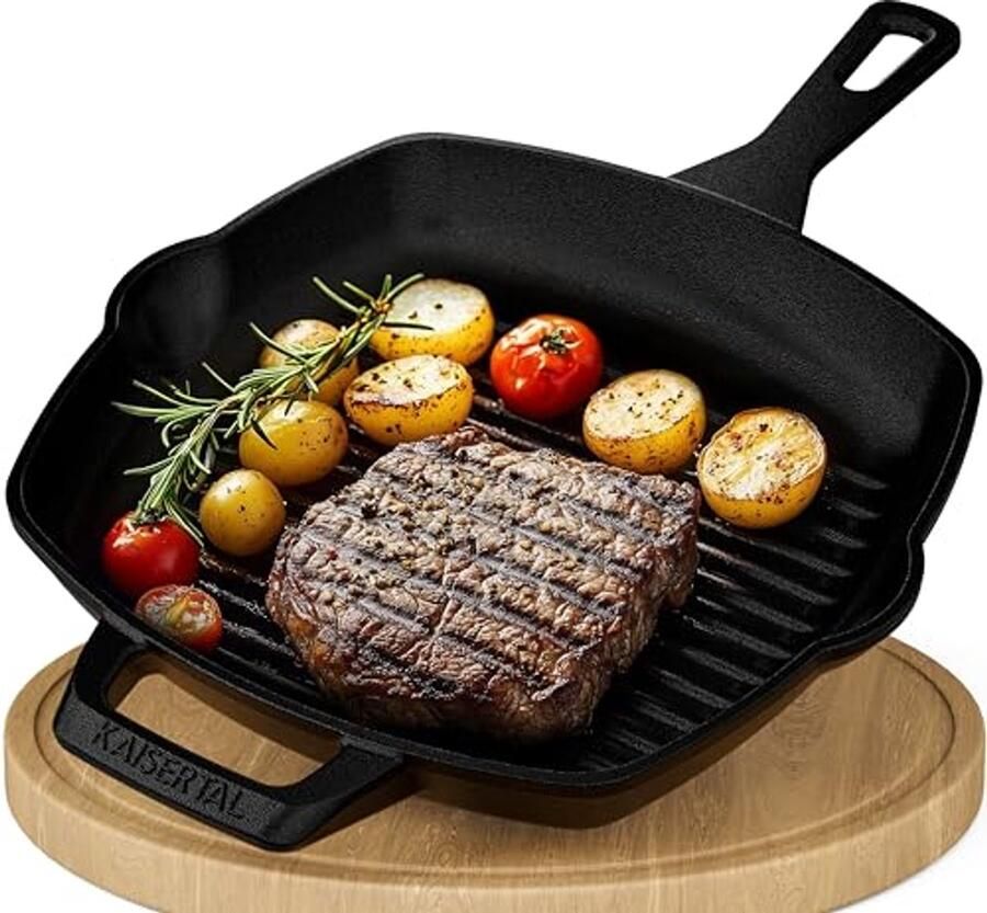 Grillpan van Gietijzer 27 cm Ideale Steakpan voor Inductie Gas en Oven