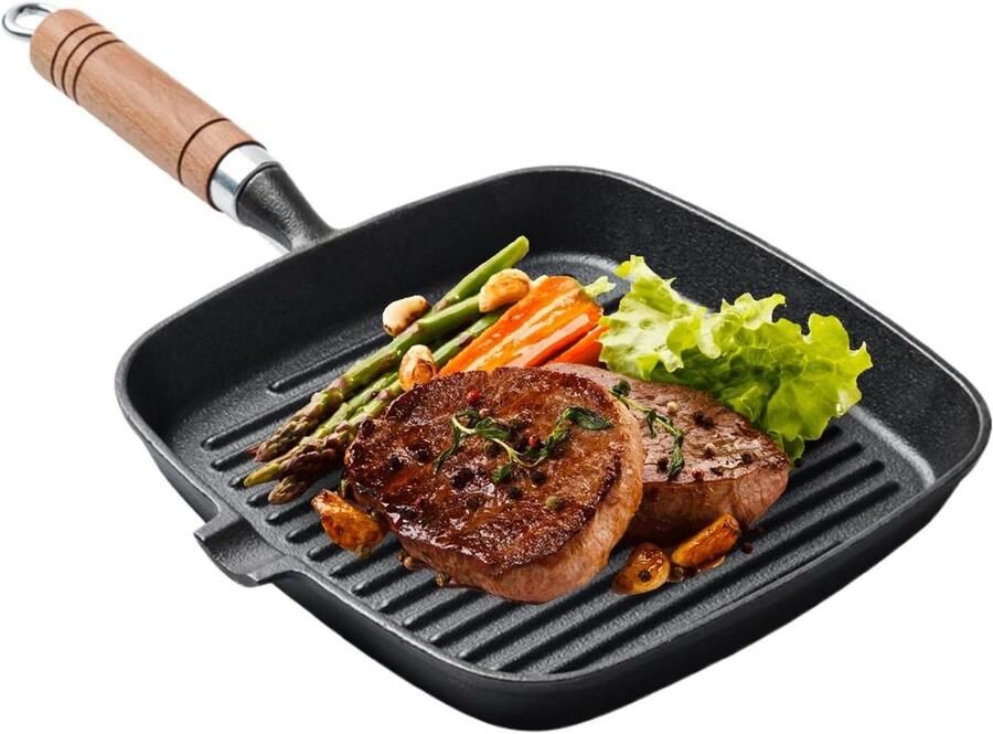 Grillpan Vierkant Biefstukpan Braadpan Buiten Koken Gietijzer Warmteverdeling 24 cm Zwart