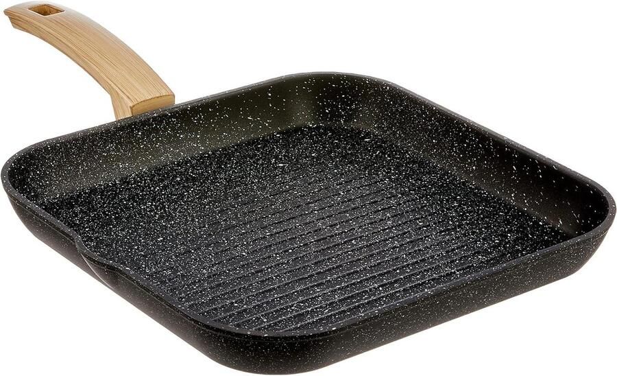 Grillpan Vierkant Koekenpan Gezond Bakken Houten Handvat 28 cm Zwart