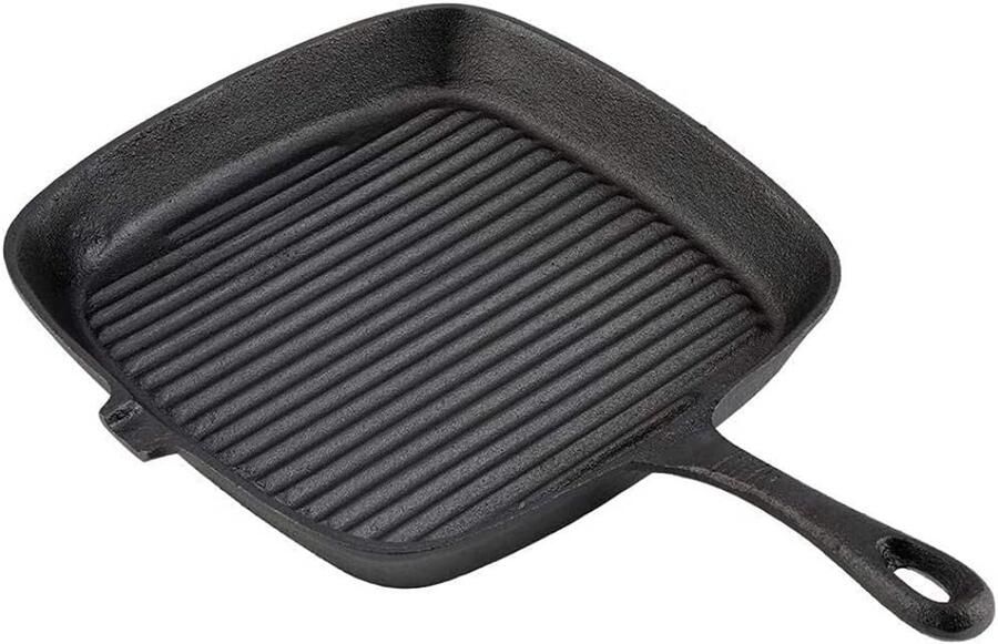 Grillpan Vierkant Koekenpan Gietijzer Steak Grillen Effen Warmteverdeling 24 cm Zwart