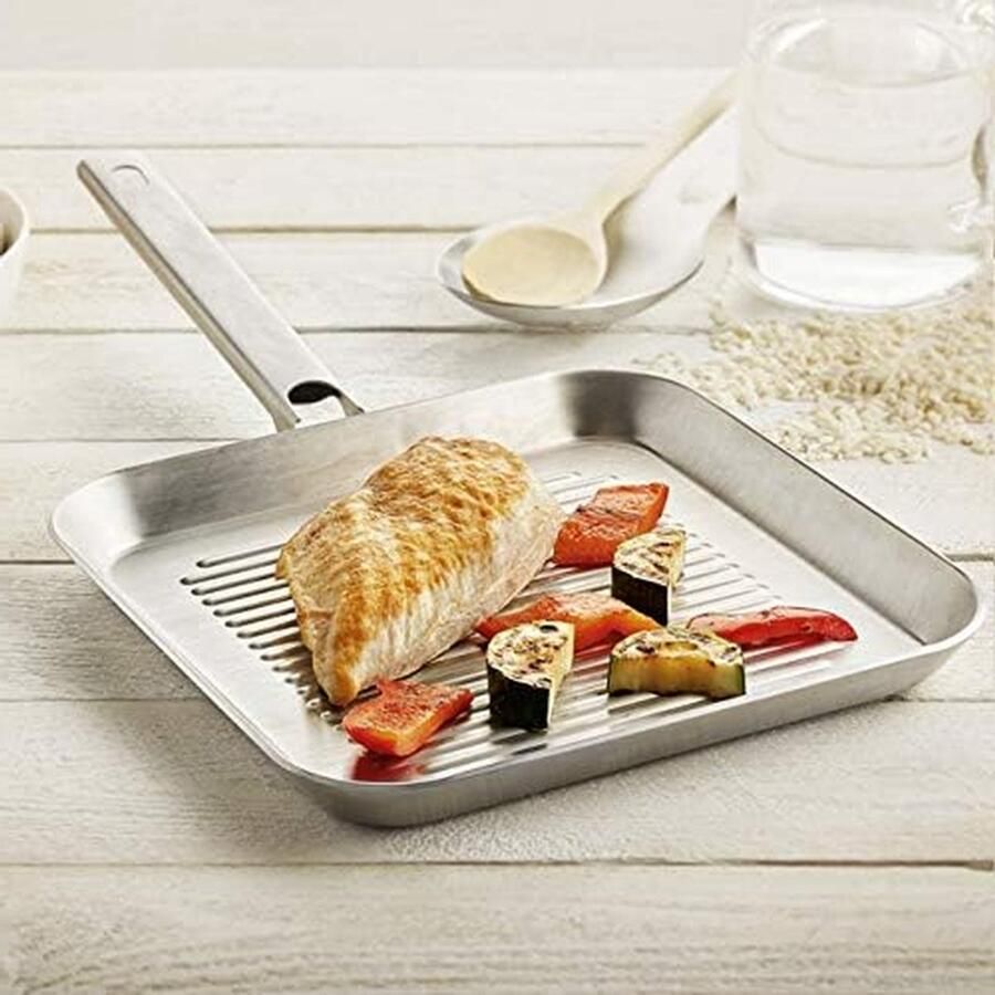 Grillpan Vierkant Koekenpan Grill Binnen Grillen Ovenbestendig 24x24 cm Zilver