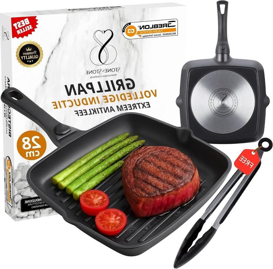 Grillpan Vierkant Koekenpan Gezond Grillen Afneembare Handgreep 28 x 28 cm Zwart