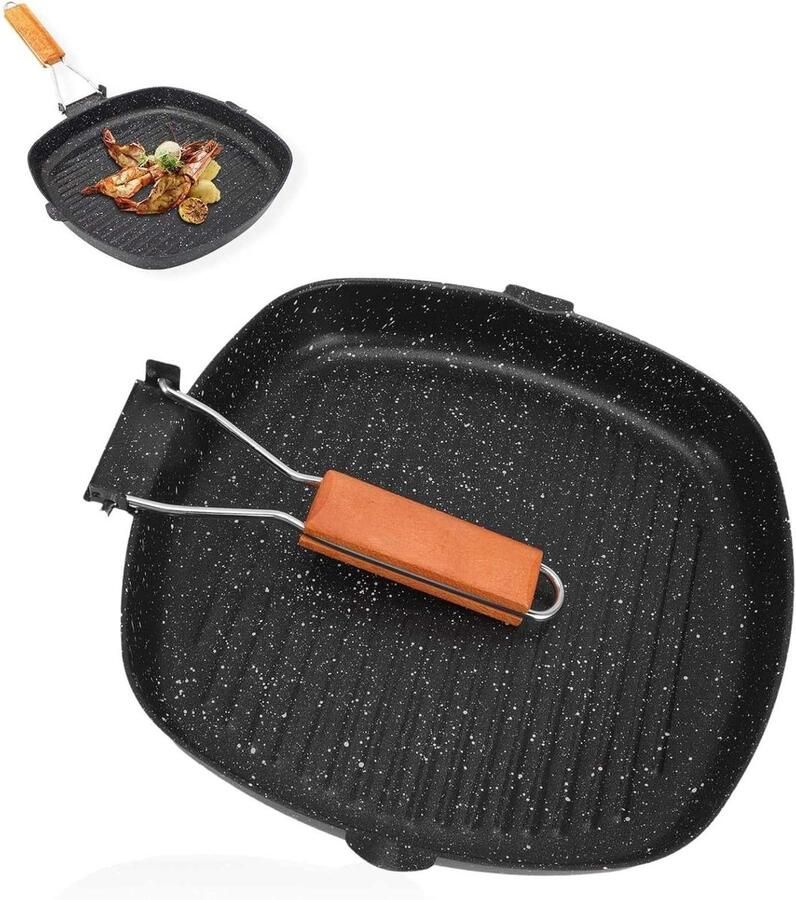 Grillpan Vierkant Koekenpan Steak Vlees Vis Grillen Inklapbare Handgreep 28x28cm Zwart