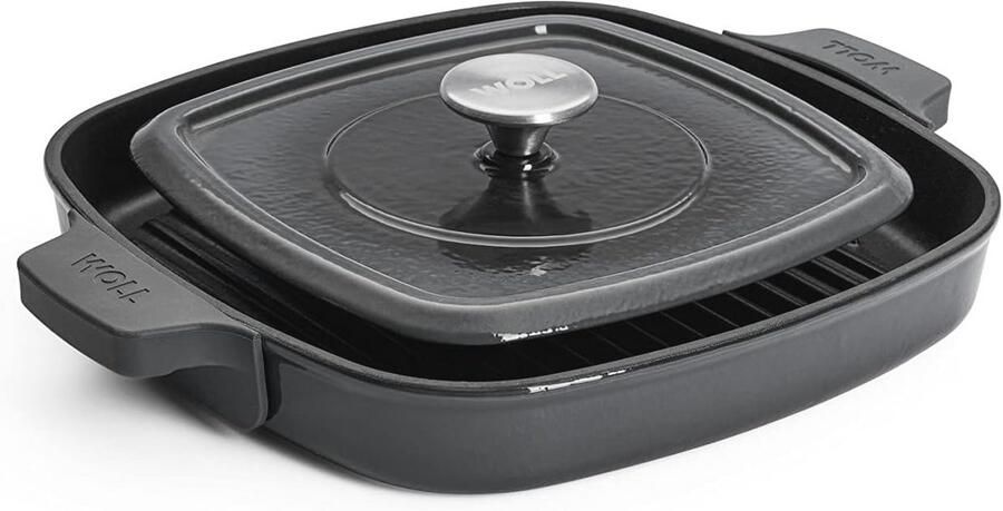 Grillpan vierkant met groeven incl. siliconen handgrepen inductief 28 x 28 cm ovenvast tot 250°