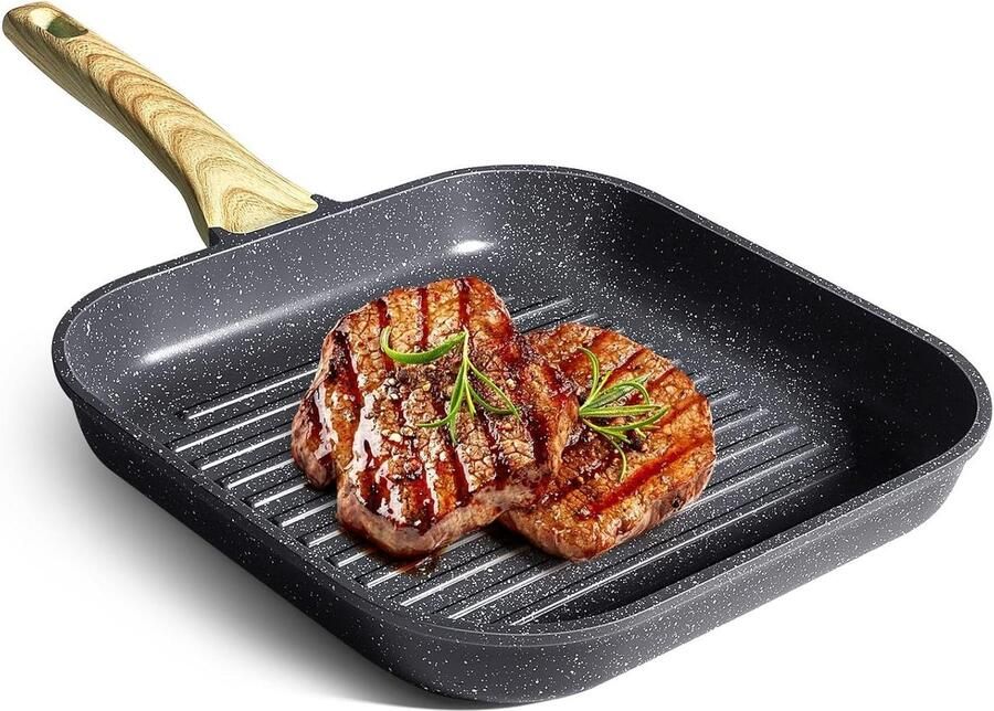 Grillpan Vierkant Steakpan Inductie Vlees Bakken Antiaanbaklaag 28 x 28 cm Grijs