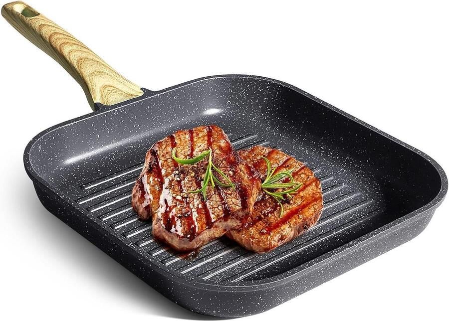 Grillpan Vierkant Steakpan Koekenpan Binnen en buiten grillen Granieten antiaanbaklaag 28 x 28 cm Grijs