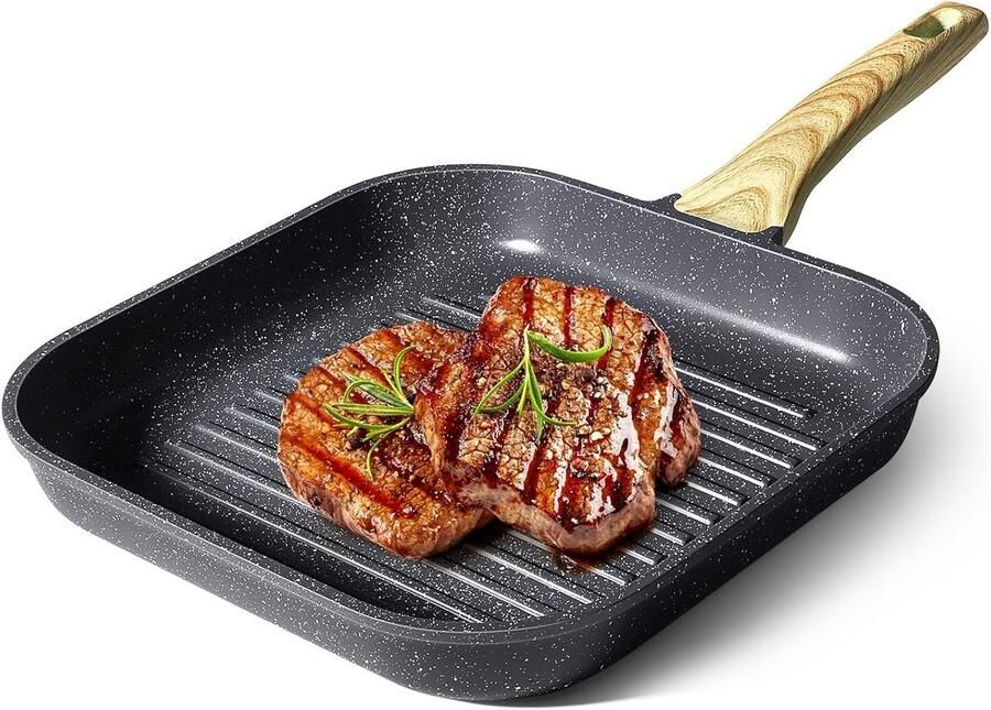 Grillpan Steakpan Gegoten Aluminium Pan Binnen Buiten Grillen Antiaanbak Granietlaag 28 x 28 cm Grijs