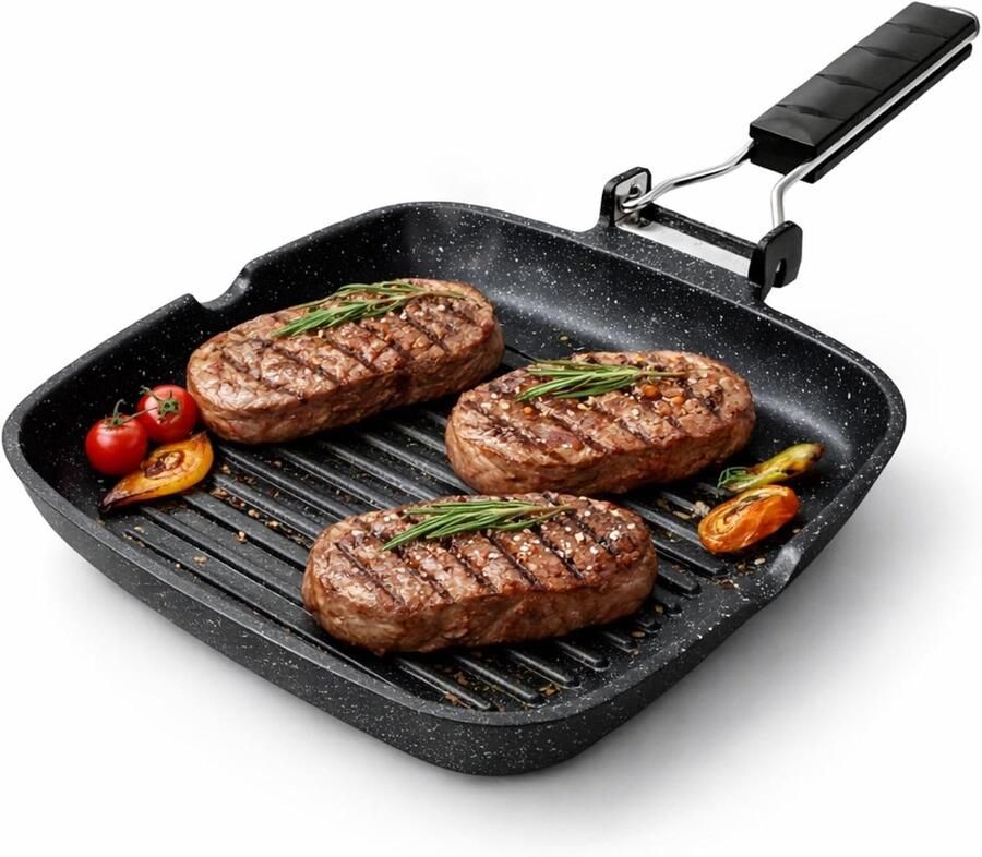 Grillpan voor inductie 24 cm x 24 cm antiaanbaklaag gegoten aluminium vaatwasmachinebestendig inklapbare handgreep ruimtebesparend (24 x 24 cm)