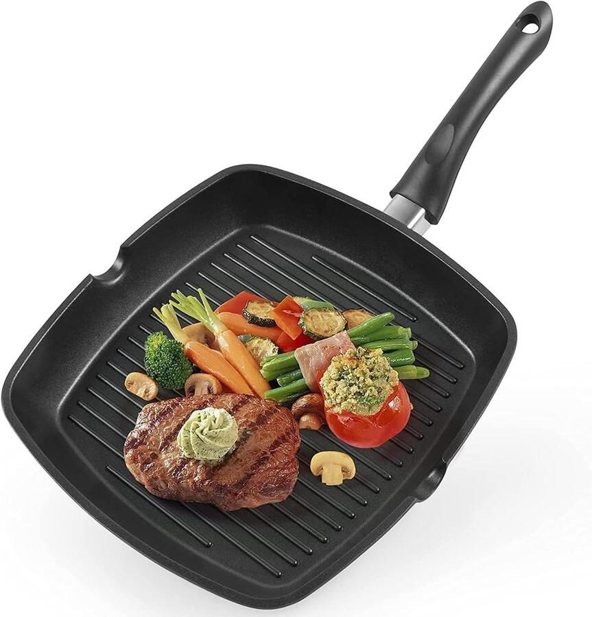 Grillpan Zwart 28 x 28 cm Inductievriendelijke Gietaluminium Antiaanbakpan Voor Steaks en Vis