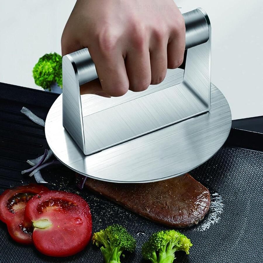 Grillpers Burger Smasher Vlees Drukker Gelijkmatig Grillen Heavy Duty RVS Ronde Vorm Zilverkleurig